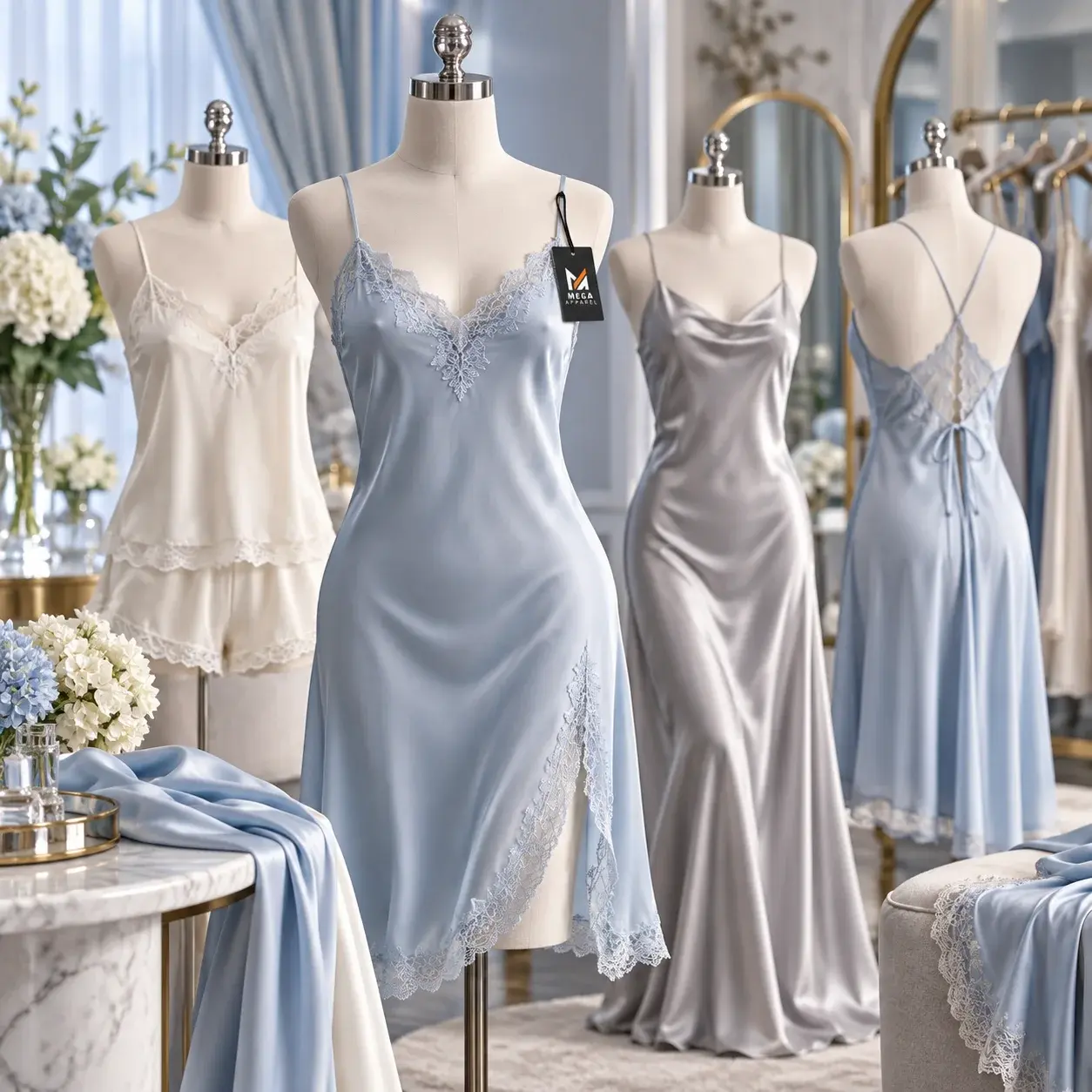 Custom satin camisoles and slip dresses in light blue, ivory, and silver displayed on mannequins with lace detailing in a premium lingerie showroom.